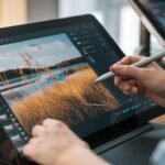 Personne retouchant une photographie de paysage côtier sur un ordinateur de bureau à l'aide d'une tablette graphique et d'un stylet. L'écran affiche un logiciel de retouche photo avec des vignettes de variations visibles sur le côté gauche.