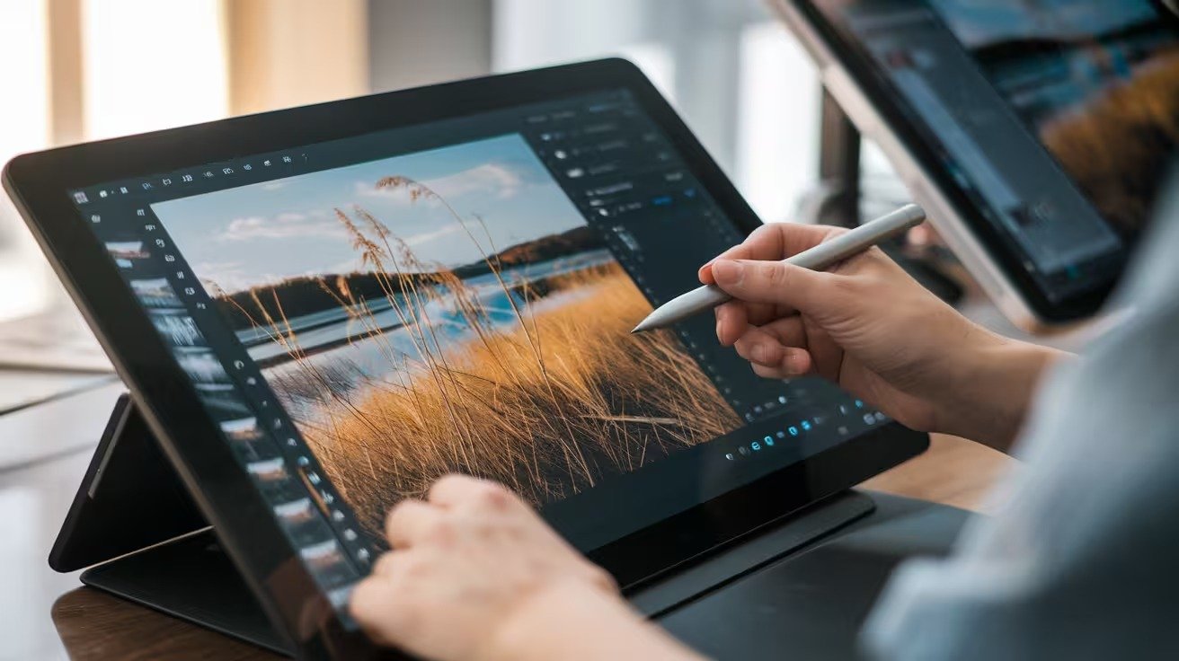 Personne retouchant une photographie de paysage côtier sur un ordinateur de bureau à l'aide d'une tablette graphique et d'un stylet. L'écran affiche un logiciel de retouche photo avec des vignettes de variations visibles sur le côté gauche.