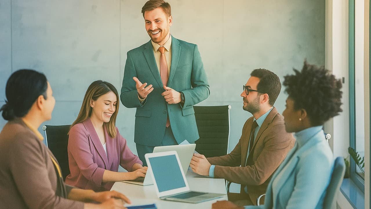 Un homme en costume vert présente à quatre collègues souriants autour d'une table de réunion moderne.RetryClaude can make mistakes. Please double-check responses.