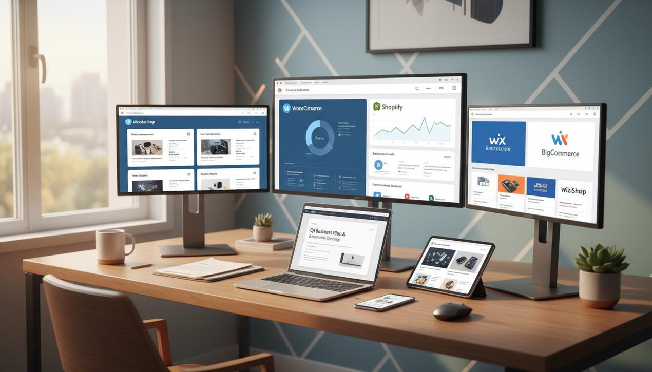 Bureau moderne en 2025 avec plusieurs écrans affichant les logos WooCommerce, Shopify, PrestaShop, Magento et autres CMS e-commerce et plans de boutique en ligne.