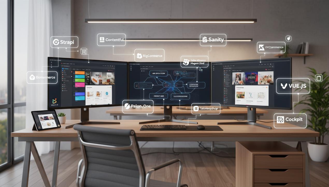 Espace de travail moderne avec écrans affichant CMS headless pour e-commerce, logos des plateformes et environnement lumineux convivial.