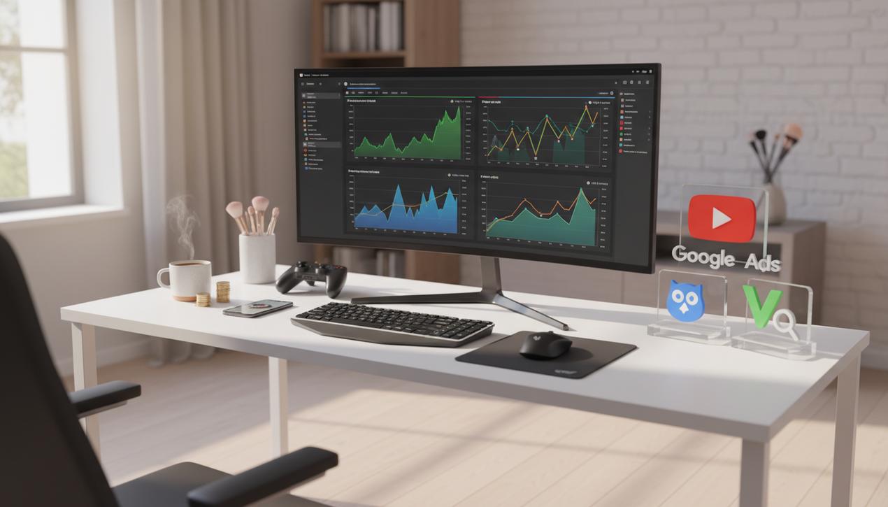 Espace de travail moderne avec écran affichant analytics CPM et RPM YouTube 2025 France, logos YouTube Google Ads TubeBuddy VidIQ présents.