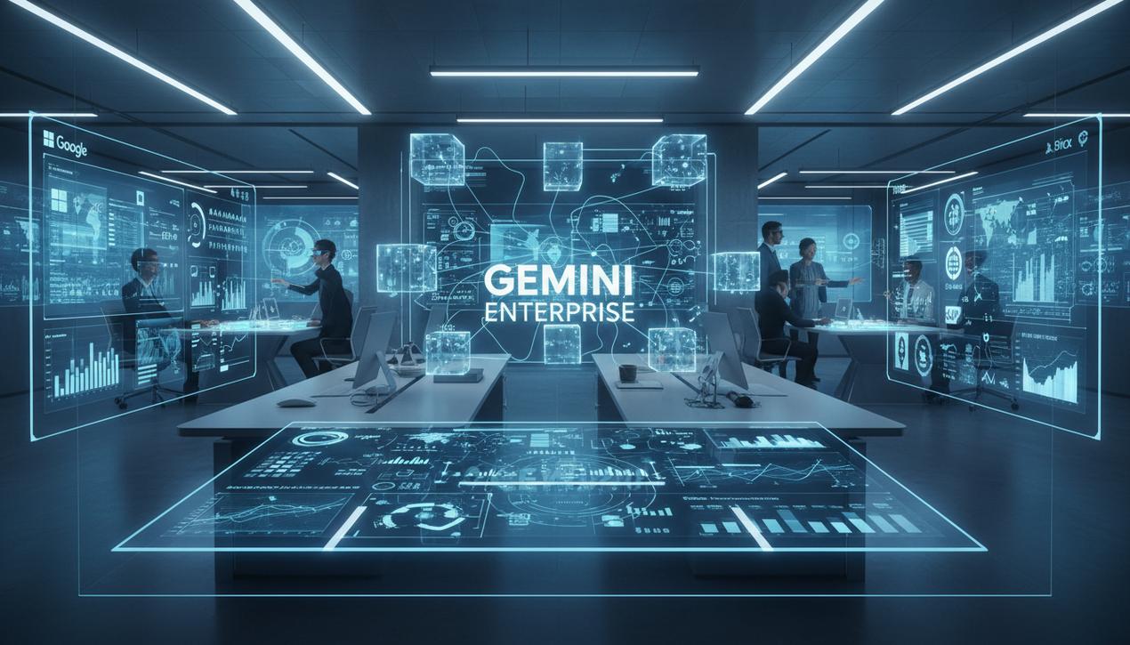 Bureau moderne futuriste en 2025 avec interface numérique Gemini Enterprise orchestrant agents IA et logo Google, Microsoft, Salesforce intégrés