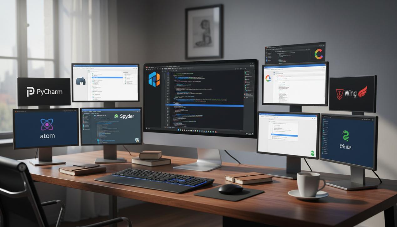 Vue d'un bureau moderne avec écrans affichant les interfaces et logos des meilleurs IDE Python en 2025, ambiance lumineuse naturelle.