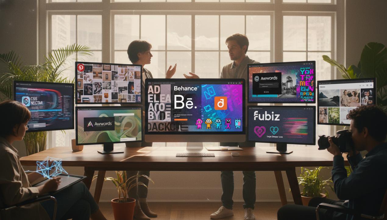 Espace de travail créatif moderne en 2025 avec plusieurs écrans affichant les logos et visuels des principales plateformes d'inspiration design et photographie, ambiance chaleureuse et textures rétro modernes.