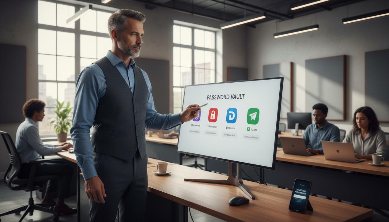 Un professionnel de la cybersécurité en bureau moderne utilise un coffre-fort numérique sécurisé avec logos d'outils de gestion de mots de passe en arrière-plan.