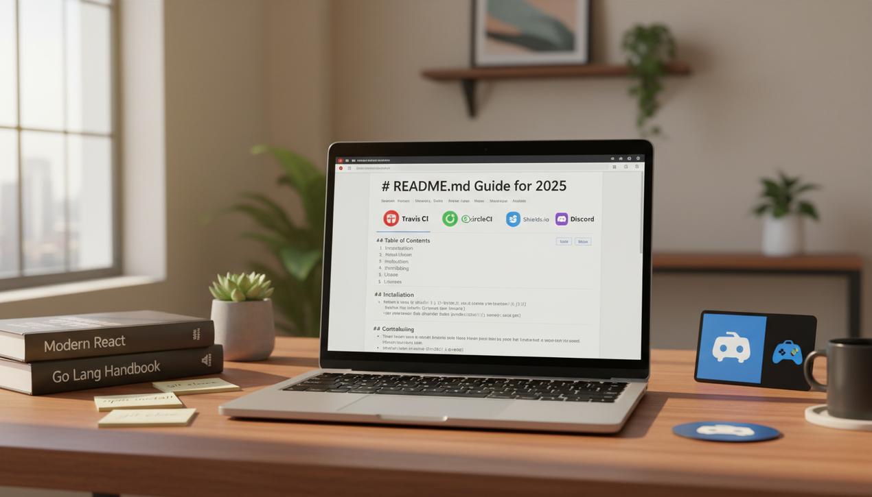 Un poste de travail moderne avec un ordinateur affichant un README.md détaillé, accompagné des logos Travis CI, GitHub Actions, CircleCI, Slack, Discord et Shields.io dans un bureau lumineux et accueillant.
