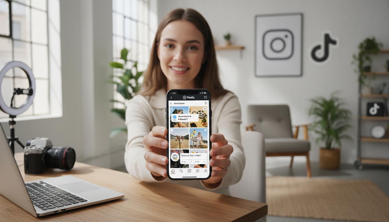Un influenceur créatif tenant un smartphone montrant Instagram Reels en pleine action dans un espace lumineux et moderne avec des logos Instagram et TikTok en arrière-plan.