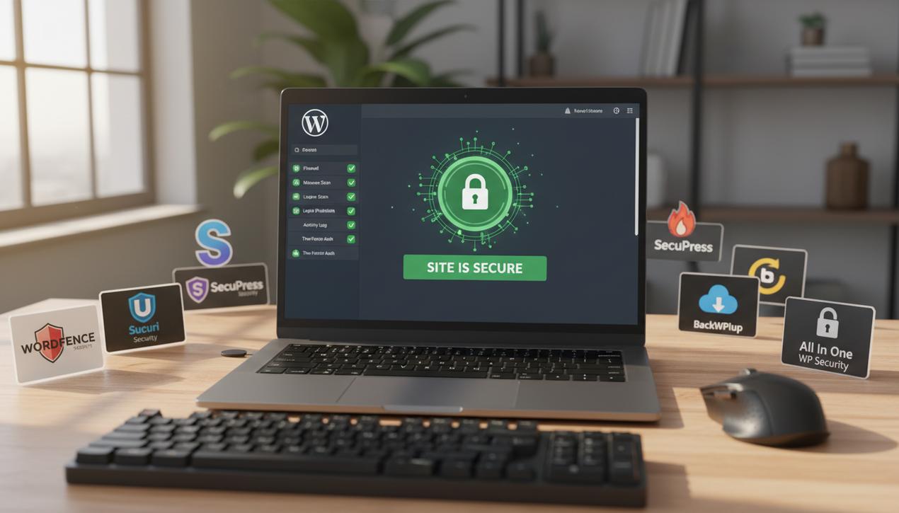 Bureau moderne avec un écran affichant un tableau de bord sécurisé WordPress entouré des logos des principaux plugins de sécurité en 2025, ambiance lumineuse naturelle.