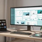 Bureau moderne lumineux avec interface sur écran principal utilisant Tailwind CSS et logos outils front-end populaires en 2025.