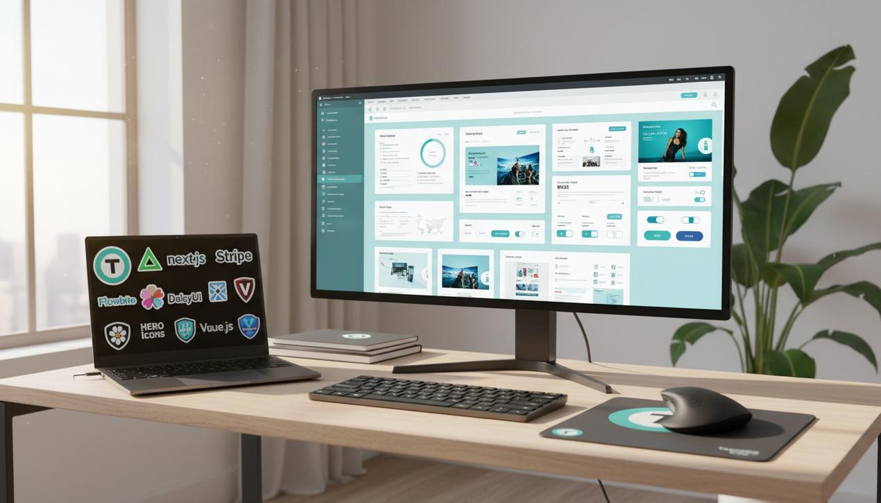 Bureau moderne lumineux avec interface sur écran principal utilisant Tailwind CSS et logos outils front-end populaires en 2025.
