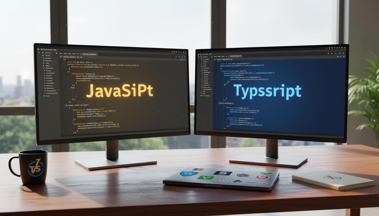 Vue d'un espace de travail professionnel comparant TypeScript et JavaScript avec des logos d'outils, codes colorés et lumière naturelle.