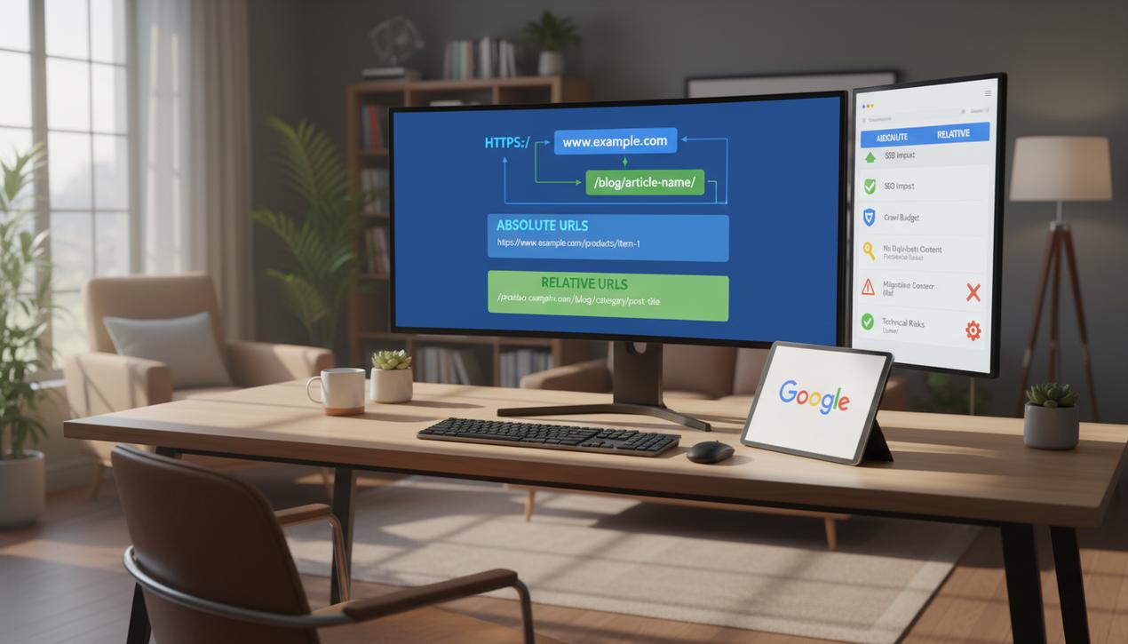 Un bureau de développeur web en 2025 avec plusieurs écrans affichant la structure SEO des URL et un logo Google dans un environnement professionnel lumineux.