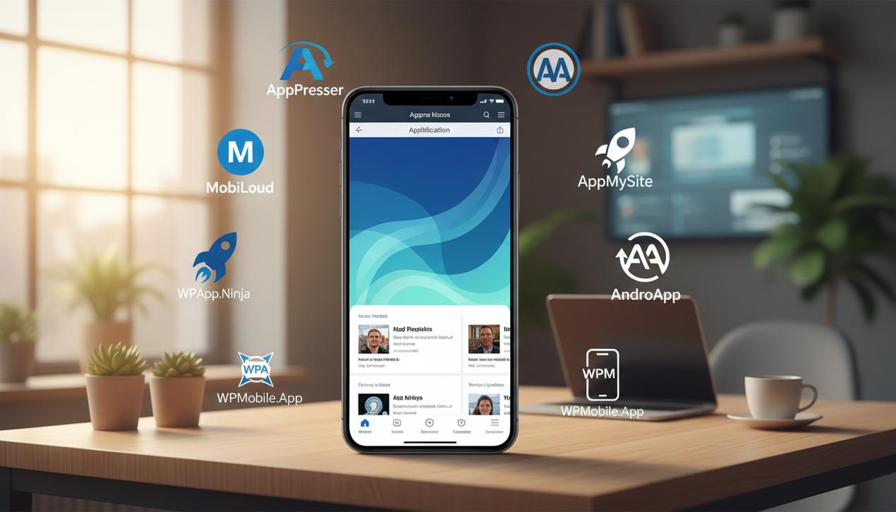 Un smartphone affiche une application mobile WordPress dans un bureau lumineux avec logos des meilleurs plugins WordPress mobile autour, ambiance conviviale.