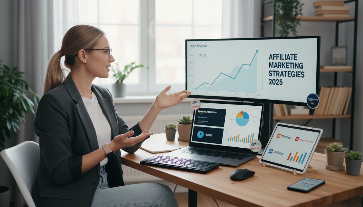 Un créateur de contenu dans un bureau moderne entouré des logos Amazon Awin CJ Affiliate Rakuten Effiliation NetAffiliation pour le marketing d'affiliation 2025