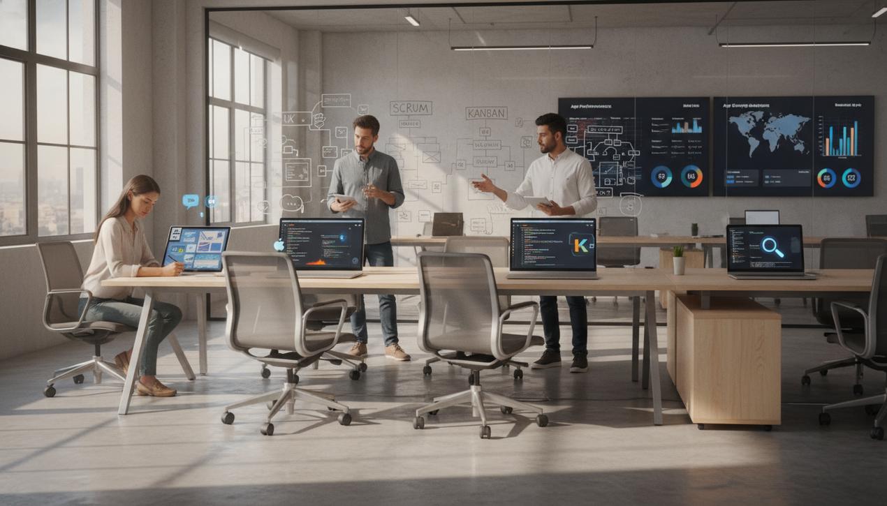 Bureau moderne avec équipe diverse développant une application mobile dans un environnement lumineux, collaboratif et professionnel en 2025.