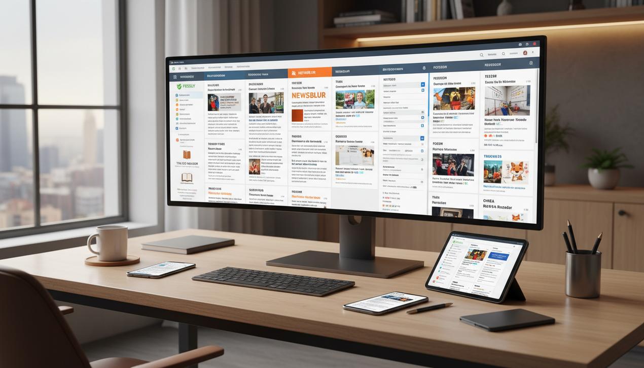 Bureau moderne avec ordinateur affichant une interface claire d'agrégateurs RSS et logos d'outils populaires pour veille efficace en 2025.