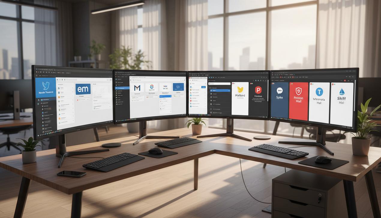 Poste de travail professionnel en bureau moderne avec écrans affichant les logos et interfaces des 13 meilleures alternatives à Outlook en 2025, lumière naturelle et ambiance chaleureuse.