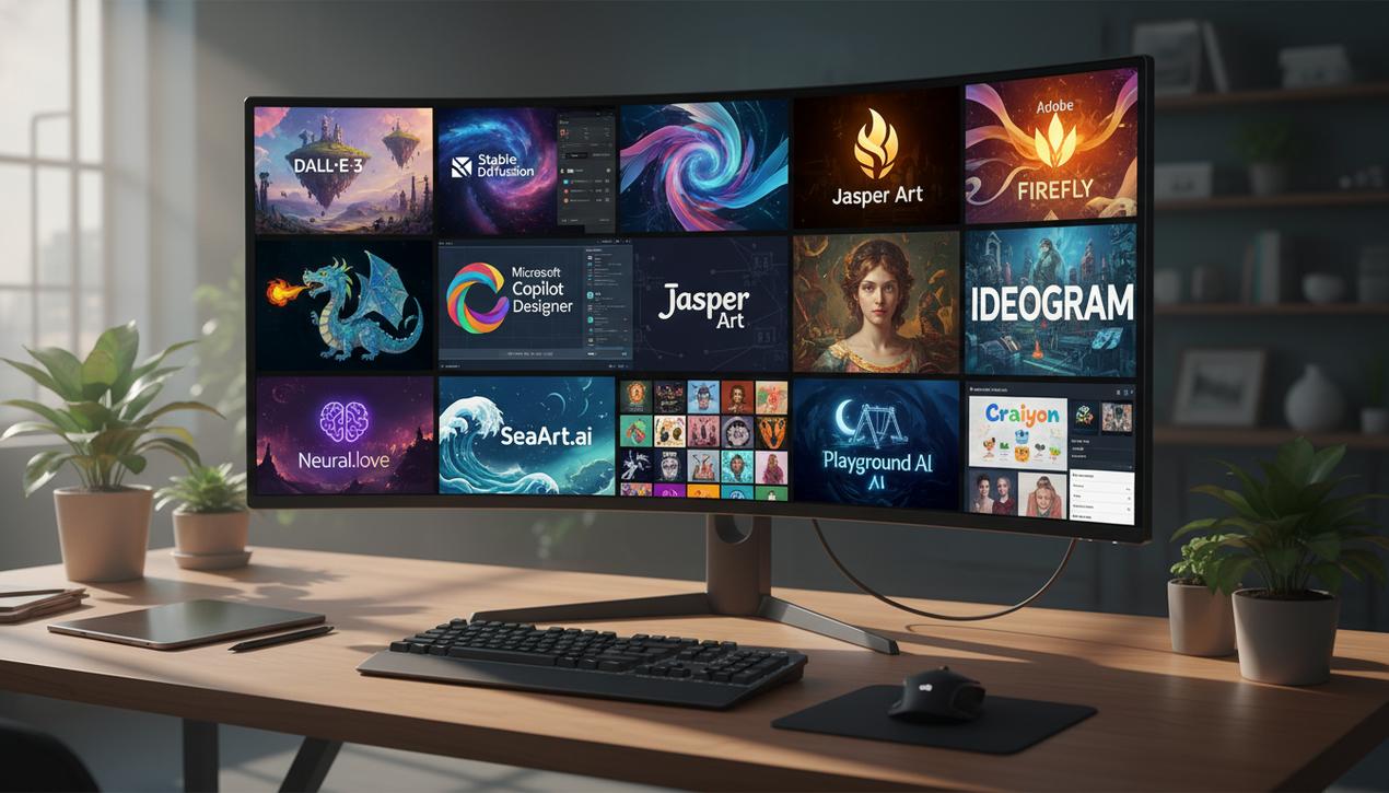 Vue d'un espace de travail numérique montrant les 12 meilleurs outils alternatifs à MidJourney en 2025 avec leurs logos et interfaces sur un moniteur moderne.