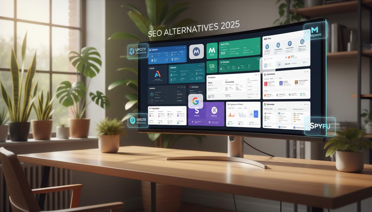 Bureau moderne avec écran affichant les meilleures alternatives SEO 2025 et logos des principaux outils du marketing digital.