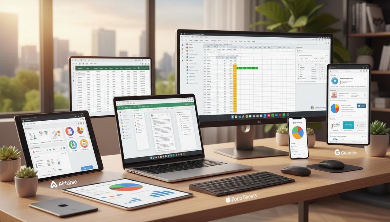 Bureau moderne lumineux en 2025 avec plusieurs écrans affichant les alternatives gratuites à Excel comme Google Sheets, LibreOffice, Airtable, Numbers et Zoho pour le travail collaboratif et la gestion de données.