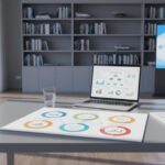 Un bureau professionnel moderne avec un rapport stratégique PESTEL coloré et un écran d'ordinateur affichant une analyse décisionnelle en lumière naturelle dans un environnement de travail calme et organisé.