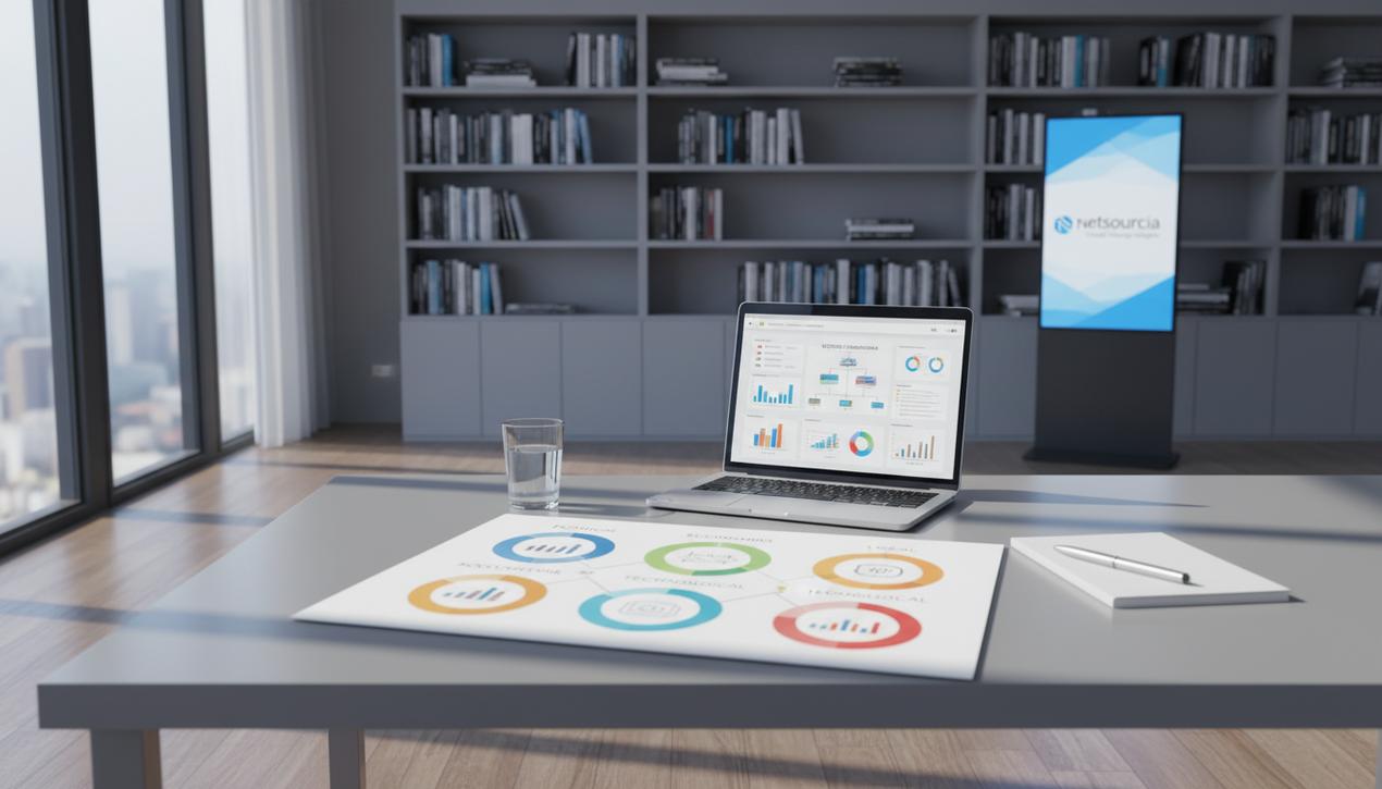 Un bureau professionnel moderne avec un rapport stratégique PESTEL coloré et un écran d'ordinateur affichant une analyse décisionnelle en lumière naturelle dans un environnement de travail calme et organisé.