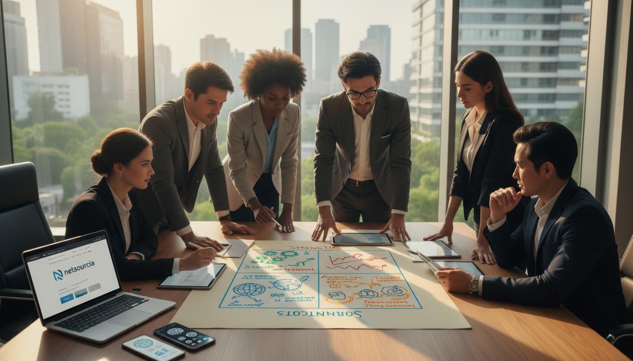 Vue détaillée d'une réunion professionnelle autour d'une matrice SWOT avec collaborateurs analysant force, faiblesse, opportunité et menace en 2025.