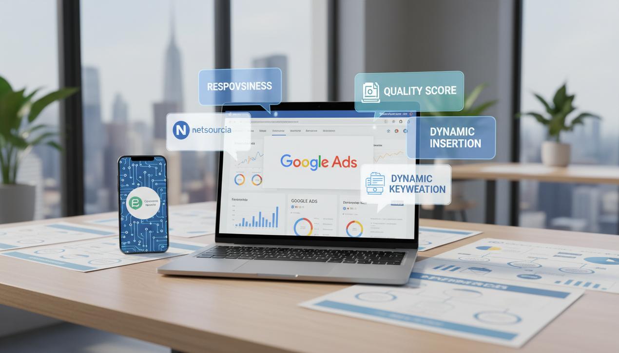 Un bureau moderne lumineux avec un ordinateur affichant Google Ads et des outils IA pour optimiser les campagnes publicitaires digitales en 2025
