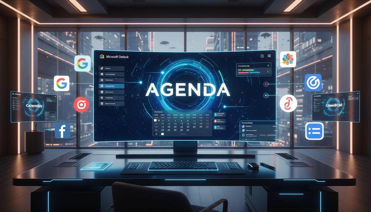 Un bureau moderne avec un grand écran affichant une interface calendrier colorée et logos des meilleures applications agenda en 2025, ambiance lumineuse et futuriste.
