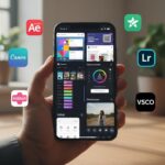 Smartphone moderne affichant les interfaces colorées des 7 meilleures applications de création de contenu visuel en 2025 avec logos entourants et lumière naturelle douce.