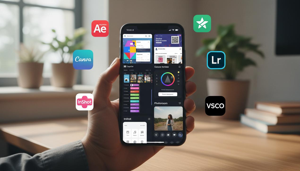 Smartphone moderne affichant les interfaces colorées des 7 meilleures applications de création de contenu visuel en 2025 avec logos entourants et lumière naturelle douce.