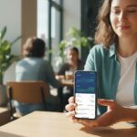 Un entrepreneur moderne utilise une application de comptabilité mobile sur smartphone dans un café lumineux avec logos des meilleurs outils visibles sur l'écran.