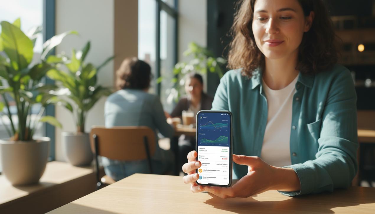 Un entrepreneur moderne utilise une application de comptabilité mobile sur smartphone dans un café lumineux avec logos des meilleurs outils visibles sur l'écran.