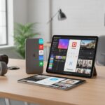 Poste de travail numérique lumineux en 2025 avec smartphone et tablette affichant les interfaces des sept meilleures applications de création visuelle et leurs logos.