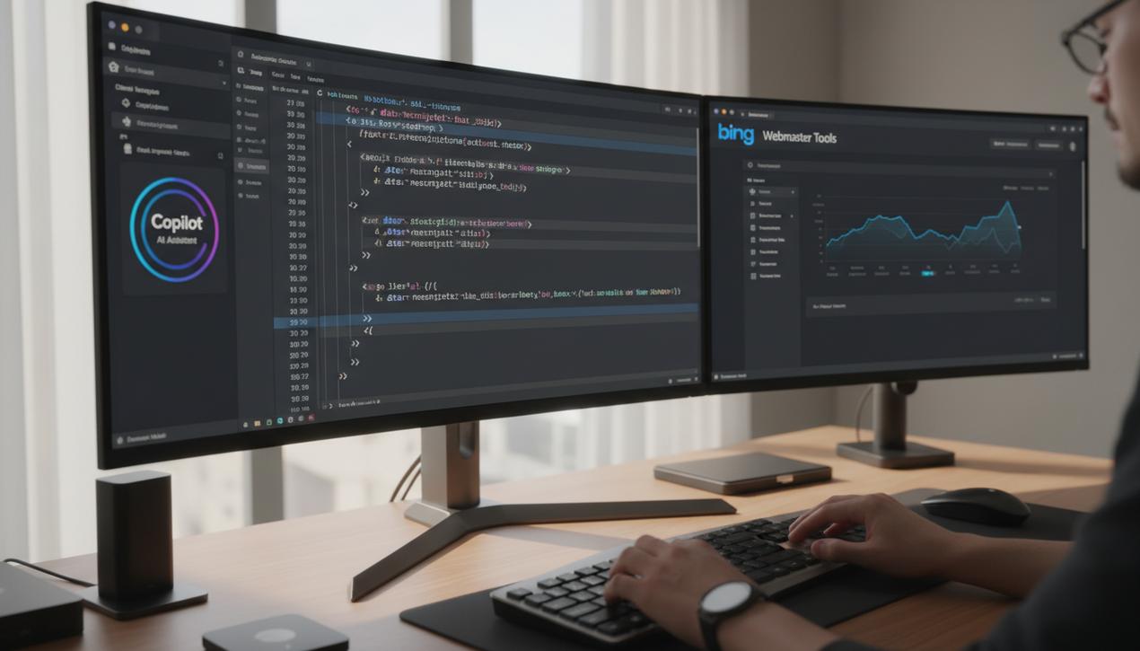 Un développeur web travaille dans un bureau moderne sur des écrans affichant du code HTML avec l'attribut data-nosnippet et l'interface Bing Webmaster Tools sous une lumière naturelle.