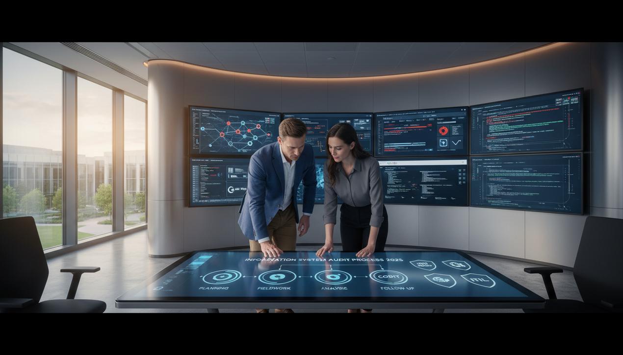Professionnels de l'informatique effectuent un audit complet du système d'information en 2025 avec outils renommés et diagrammes réseau.