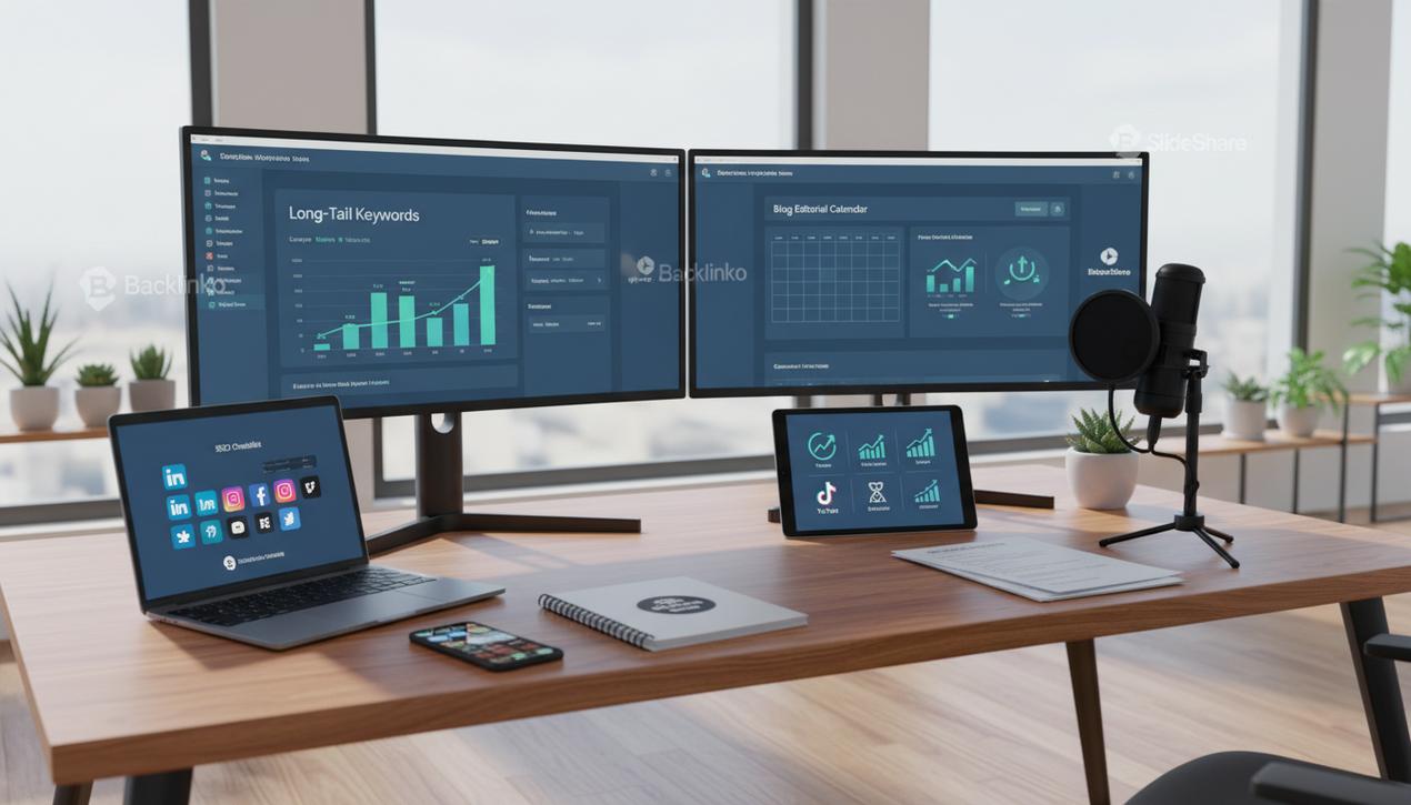 Espace de travail moderne avec écrans affichant des stratégies SEO et marketing digital pour augmenter le trafic web en 2025.