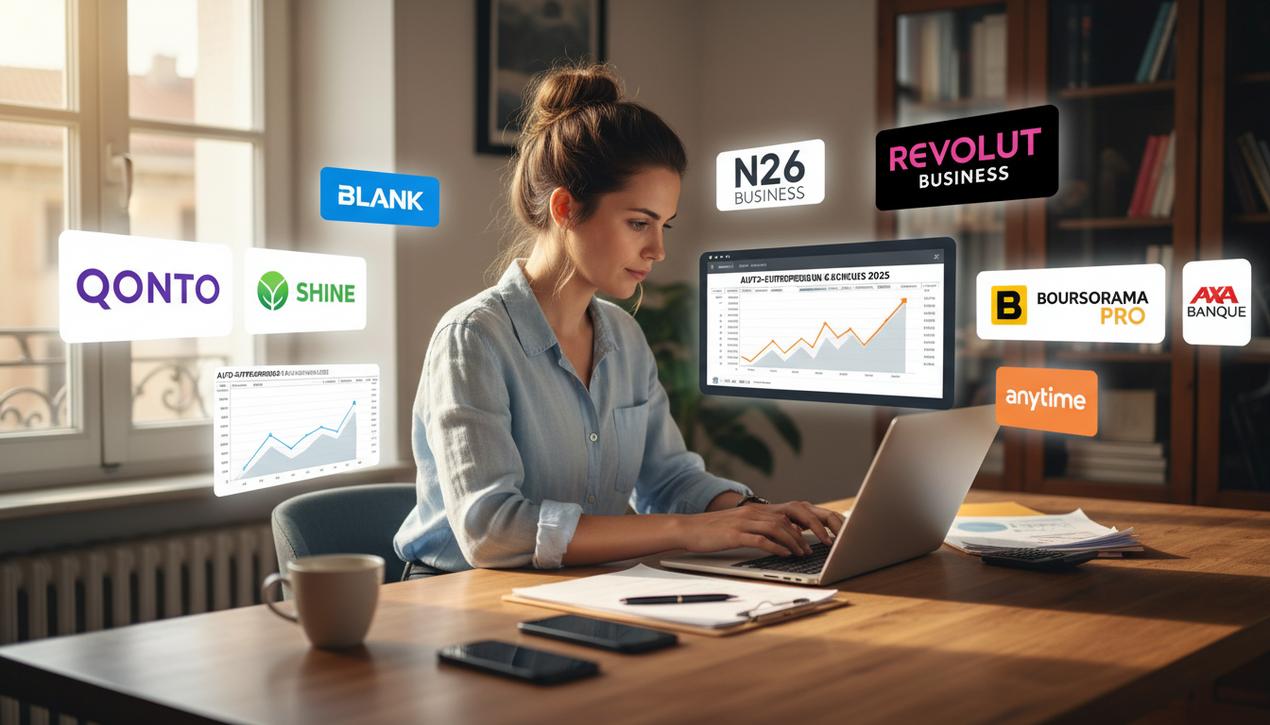 Jeune auto-entrepreneur français dans un bureau lumineux examinant les interfaces bancaires numériques des néobanques en 2025.
