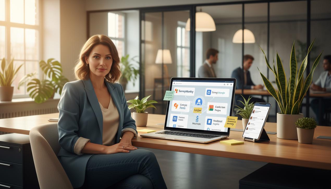 Portrait d'une professionnelle en bureau moderne utilisant des outils digitaux pour comprendre les besoins clients en 2025 avec logos visibles.