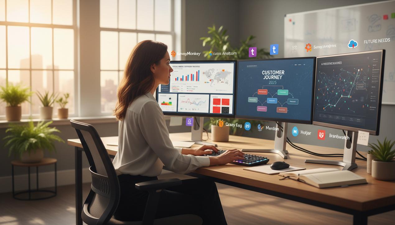 Une professionnelle analyse profondément les besoins clients en 2025 dans un bureau moderne avec des outils digitaux clés affichés autour d'elle.