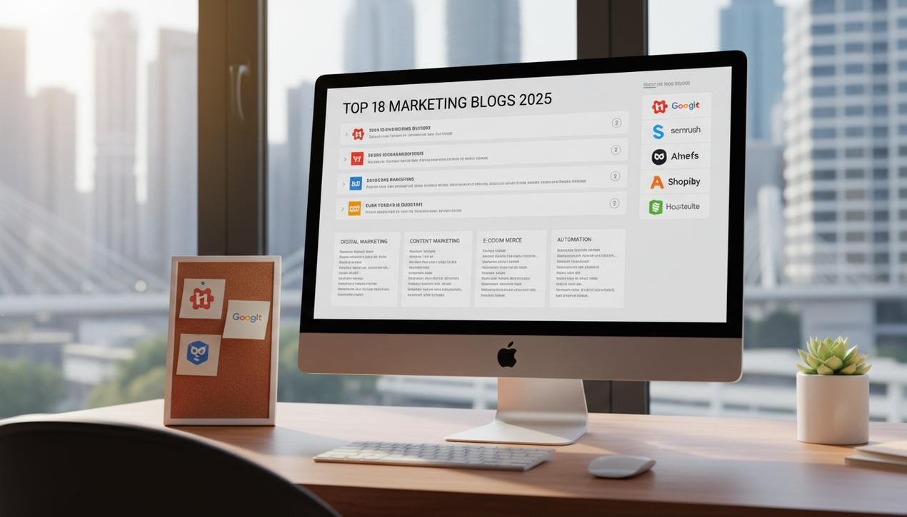 Espace de travail moderne en lumière naturelle avec écran affichant la liste des 18 meilleurs blogs marketing 2025 et logos des outils marketing visibles.