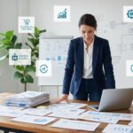 Un entrepreneur concentré dans un bureau moderne lumineux préparant un business plan complet pour 2025 avec logos des outils d'accompagnement affichés discrètement.