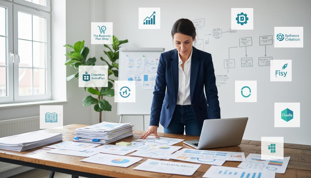 Un entrepreneur concentré dans un bureau moderne lumineux préparant un business plan complet pour 2025 avec logos des outils d'accompagnement affichés discrètement.