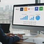 Professionnel travaillant sur le calcul de la TVA en France en 2025 avec les logos des principaux outils de calcul de TVA en arrière-plan dans un bureau moderne.