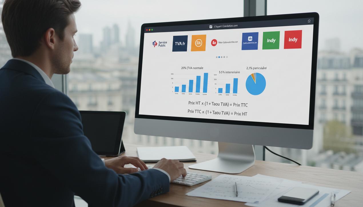 Professionnel travaillant sur le calcul de la TVA en France en 2025 avec les logos des principaux outils de calcul de TVA en arrière-plan dans un bureau moderne.
