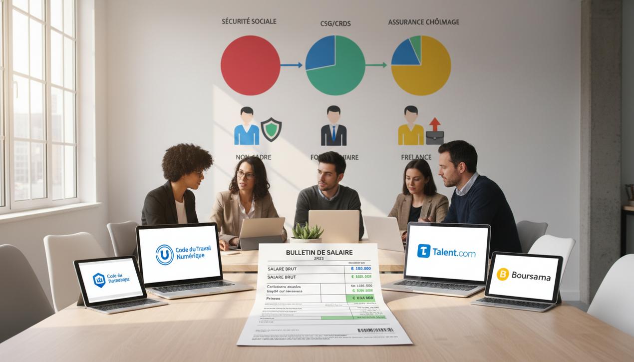 Bureau lumineux avec fiche de paie française détaillée 2025, logos simulateurs URSSAF et autres, infographie cotisations sociales, salariés divers en arrière-plan.
