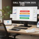 Espace de travail marketing moderne en 2025 avec écrans affichant des boutons dappel à laction colorés et logos des principales marques et outils pour loptimisation et conversion.