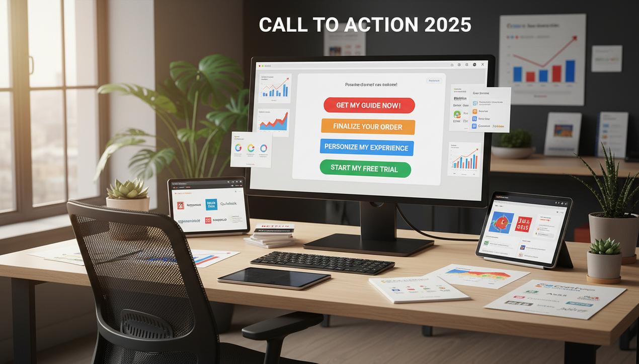 Espace de travail marketing moderne en 2025 avec écrans affichant des boutons dappel à laction colorés et logos des principales marques et outils pour loptimisation et conversion.