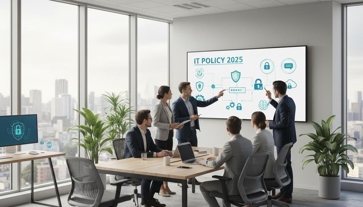Professionnels en séance collaborative devant un écran digital affichant la charte informatique 2025 dans un bureau moderne et lumineux.